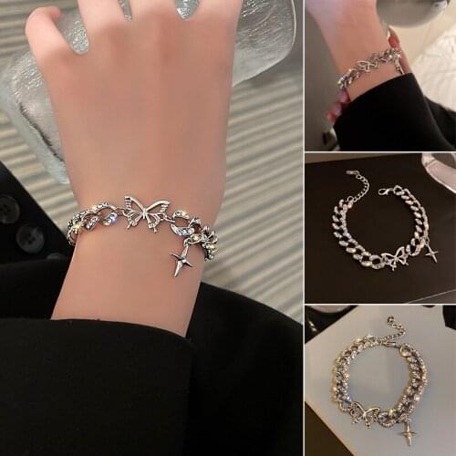 Butterfly Cross Bracelet Rhinestone Inlaid Thick Chain Shiny Fashion Personality Bracelet Gift for Women Girls FS99