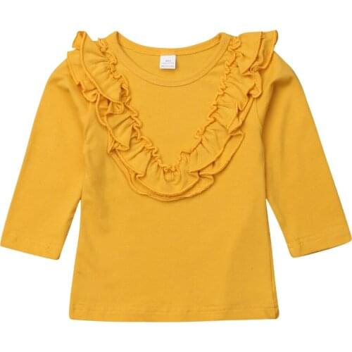 Pudcoco Kids Baby Girls T-Shirts Vintage Ruffled Collar Cotton Long Sleeve V Neck Tops T-Shirts Solid Baby Clothes