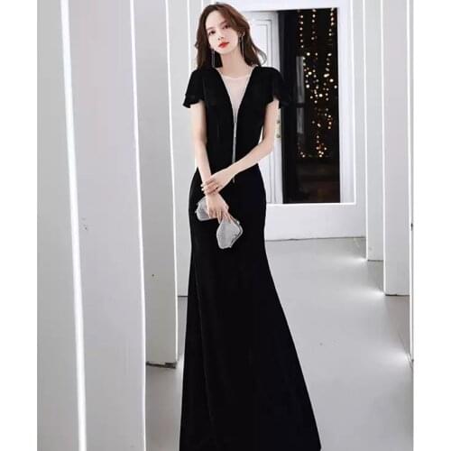 Elegant V-Neck Evening Dress Short Sleeves Pleat Floor-length Mermaid New Black Velour Plus size Women Formal Party Gown C829
