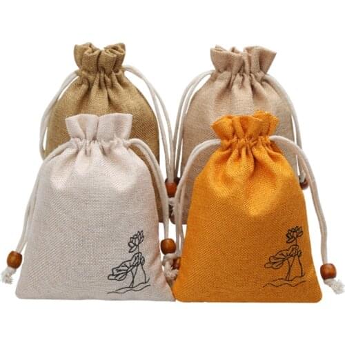 New Cotton Gift Bags for Jewelry with Drawstring 8x10cm Printed Beige Jewellery Party Candy Sack Jewelry Makeup Packaging Pouch