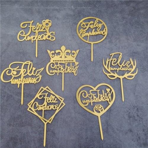 Spanish Feliz Cumpleanos Cake Topper Gold Black Acrylic Happy Birthday Cake Topper for Birthday Party Dessert Cake Decorations