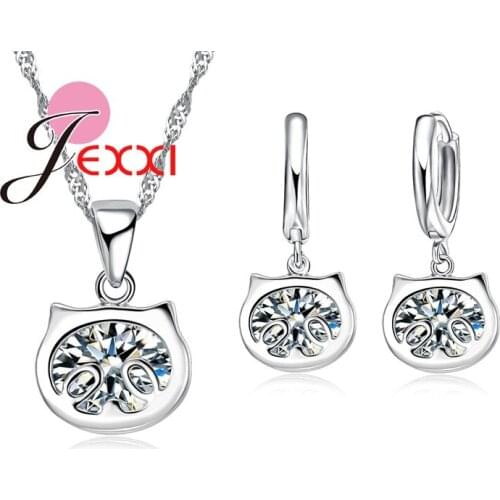 Cartoon Design Cute Cubic Zircon Crystal Jewellery Sets For Girls Christmas Gift Pendant Necklace Hoope Earrings Set