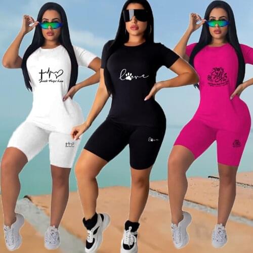 Summer Womens 2 Pieces Set Leisure Outfits Cotton O-Neck T-shirts High Waist Shorts Letter Printing Female Tracksuits S-3XL