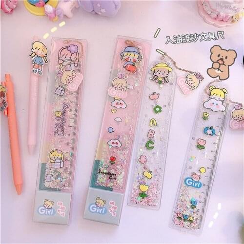 1 PC Cartoon Oil Sand Ruler Cute Pendant Bookmark PVC Drawing Ruler Girl Stationery Scale Student Quicksand Ruler School Prize