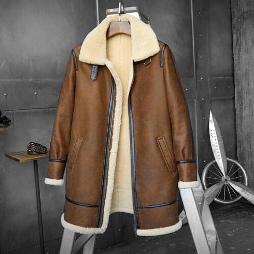Mens Fur Shearling Sheepskin Genuine Leather Long B3 Coat Jacket Mans Thick Winter Warm Coat Aviator Outerwear Flight Trench