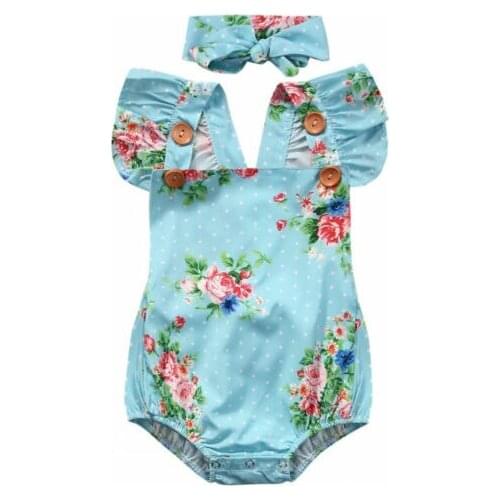 Newborn Baby Girl Clothes Fly-sleeve Floral Backless Romper Bodysuit Headband Outfits Clothes 0-24M