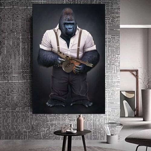 Orangutan with A Gun Abstract Art Canvas Print Animal Painting Posters and Prints Retro Decorative Wall Pictures for Living Room