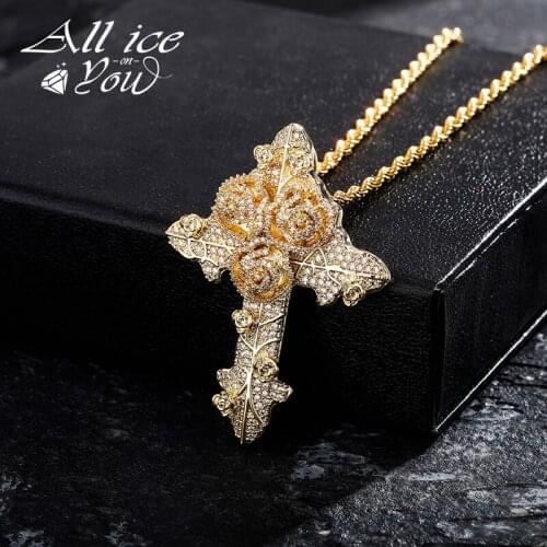 ALLICEONYOU Iced Out Cubic Zircon Rose with Cross Large Flowers Crystal Pendant&Necklace Hip Hop Fashion Jewelry Female Gift