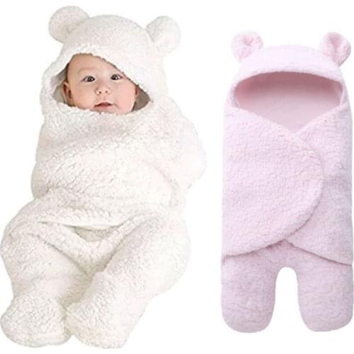 Cute Newborn Baby Infant Winter Warm Fleece Hooded Swaddle Wrap Swaddling Blanket