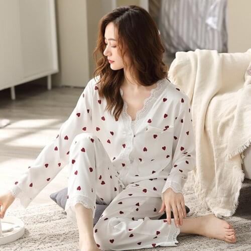 Lace Edge Ice Silk Satin Pajamas Women White Printed Pyjama Femme Sleepwear Sexy Nuisette Imitation Silk Pijama Mujer PJS
