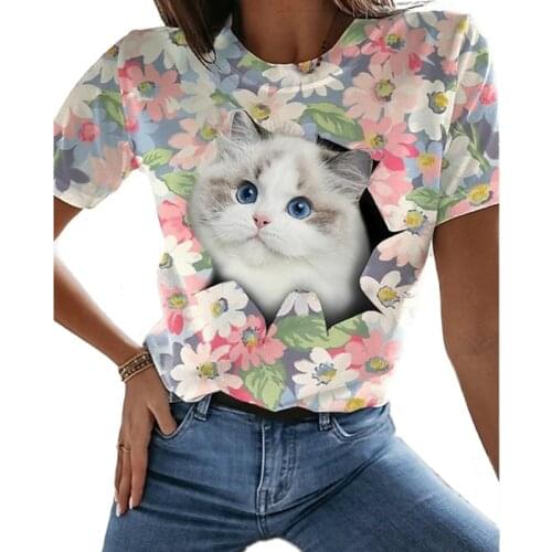 Popular in summer 3D splash ink printing cute cat polyester T-shirt, 2021 casual mens and womens interesting round neck clothe