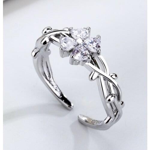 POPACC Hot Sale Flower Love Ring Female Proposal Fashion Exquisite Diamond Four-leaf Clover Open Ring The Best Gift for Couples