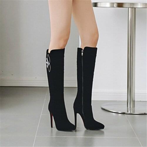 PXELENA European Sexy Women Knee High Boots Faux Suede Stiletto Heels Crystal Fashion Long Boots Office Lady Party Winter Shoes
