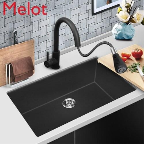 Quartz Sink Large Single Tank Household Kitchen Black under-Table Basin Vegetable Basin Sink Pool Set