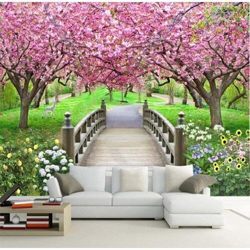 Romantic rural large stereo sitting room the bedroom TV setting wall mural painting 3 d wallpaper wallpaper seamless cherry tree