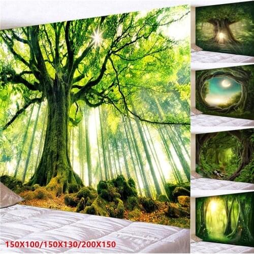 Sunshine Trees Misty Forest Tapestry Landscape Wall Hanging for Ceiling Hanging Room Decor Home Decoration Accessories Tapiz
