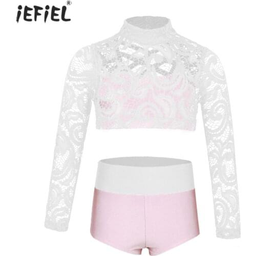 Girls Dance Costumes Mock Neck Floral Lace Crop Tops with Briefs Kids Clothes Dancewear for Girls Ballet Gymnastics Leotard