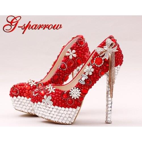 2018 Bow Rhinestone Red Pearl Wedding Shoes Fashion Design Performance Show High Heels Platform Adult Ceremony Pumps Customized