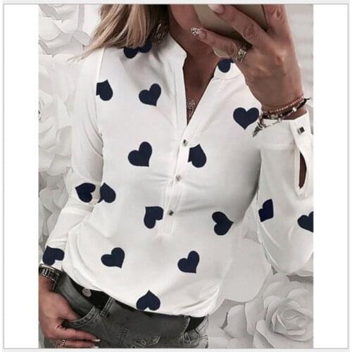 Long Sleeve V Neck Shirt Ladies Elegant Buttons Printed Shirt Women Flower Heart Print Blouse 2021 Fashion Spring Summer Casual