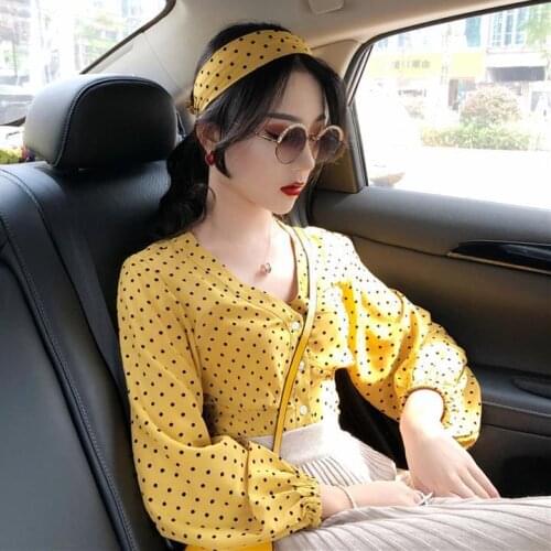 Blouse Women Retro V-neck Polka Dot Top Female Lantern Long Sleeve Chiffon Blouse Blusas Mujer De Moda