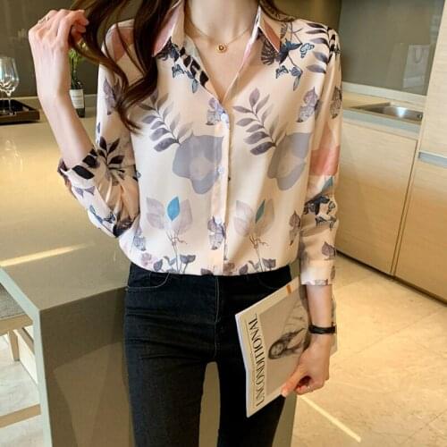 Chikichi 2021 Spring and Autumn Ladies Lapel Leaf Print Loose Chiffon Shirt Cardigan Long Sleeve Button Shirt Women Tops