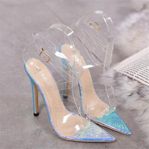 Women sandals PVC Buckle Strap 12cm Thin Heels High heels Pointed Toe Shallow women shoes sandalias mujer 2020 size 35-42 blue