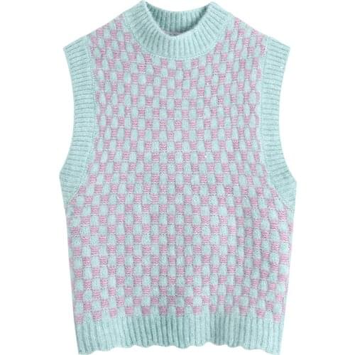 Women Vest Sweaters Plaid Vintage Fashion 2021 Za Sleeveless Sweaters Female O Neck Elegant Slim Pullovers Sweet Mujer Tops