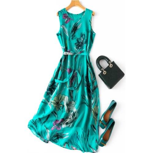 Womens 100% Silk luxury Fashion Heavy Long Dress Elegant Round Neck Blue&Green flowers Prints One Size L1126