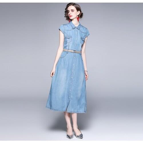 2021 summer fashion Elegantes women Slim Denim Dresses Women Short Sleeve turn down collar dress Vestidos