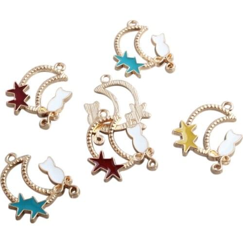 Mini Order 10pcs 23*28mm Gold tone Alloy Charms Kawaii Moon Star Cat Metal Ornament Accessories Earring Pendant Necklace DIY