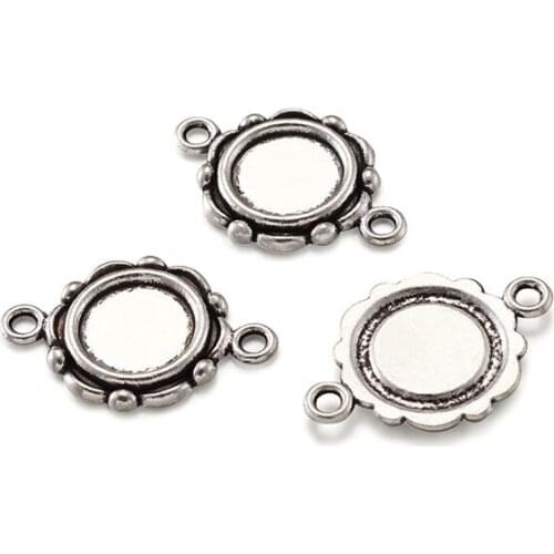 20pcs Tray 10mm Flat Round Alloy Tibetan Style Cabochon Connector Settings for Jewelry Making Lead Free & Nickel Free