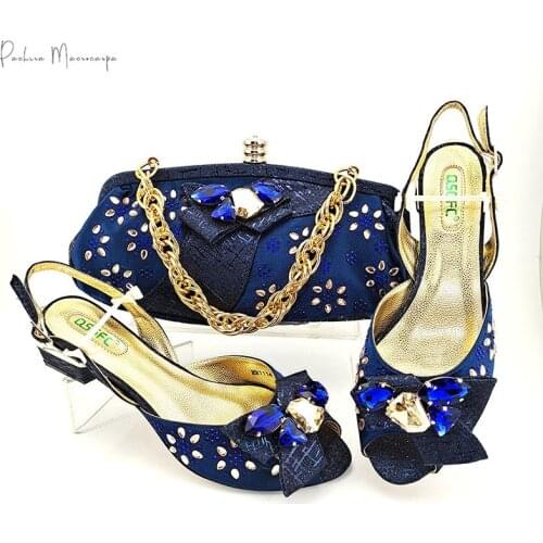 2020 Italian Design Lastest Elegant Style Women Shoes and Bag Set Decorated With Rhinestone in D.Blue Color for Wedding