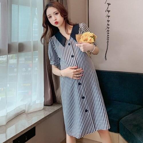 2021 Summer Korean Maternity Clothes Plaid Pregnancy Nursing Dress for Prenant Women Nursing Dresses