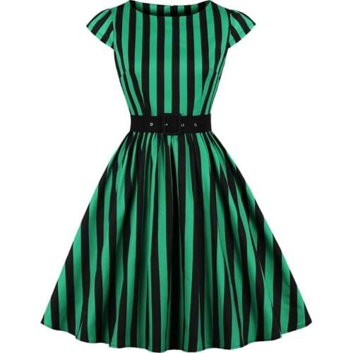 2021 Green and Black Striped Vintage Cotton Pleated Dress Women Cap Sleeve Plus Size Retro Clothes Pin Up Dresses with Belt