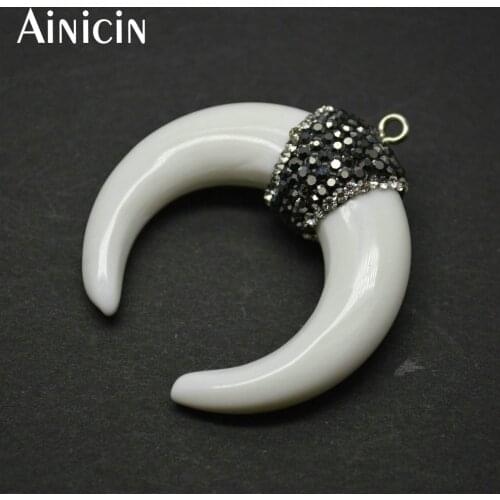 5pcs Fashion Moon Shape White Resin Pendant Black Rhinestone Crystal Paved Jewelry For Earring Making Materials