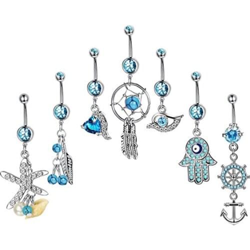 7pcs 14G Stainless Steel Dangle Belly Button Rings Body Piercing Jewelry