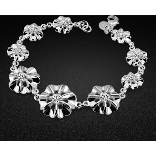 Elegant silver accessories womens original 925 silver flower design link bracelet charm jewelry birthday gift