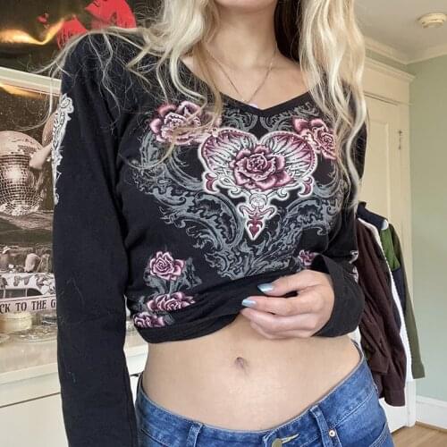 Floral Vintage Crop Top Grunge Fairycore y2k T Shirt Long Sleeve V Neck Goth Black Tee Casual Harajuku Women Autumn