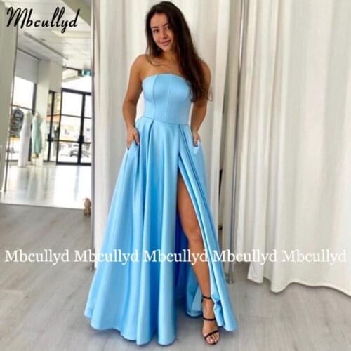 Light Blue Prom Dresses Long Side Slit Backless Satin Formal Evening Party Gowns with Pockets Pageant Dresses 2021 Custom Made