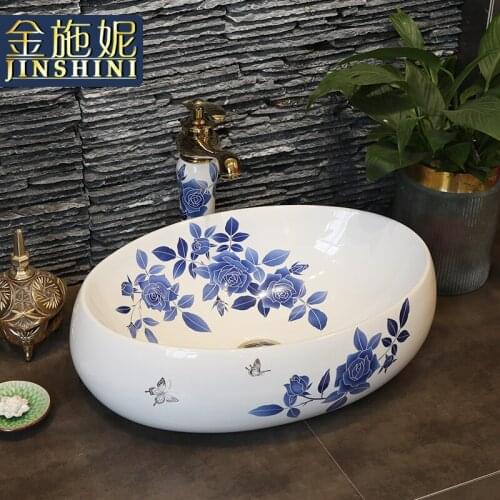 China Porcelain Material Conventional Blue and White Ceramic Wash Basin