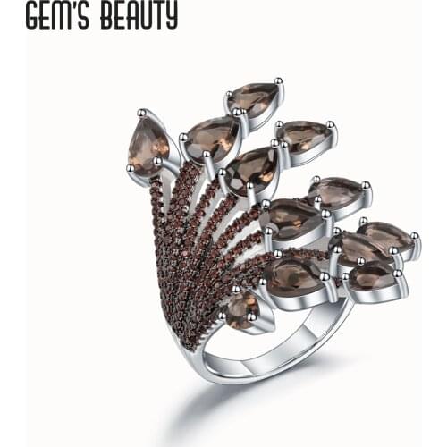 GEMS BEAUTY 925 Sterling Silver Jewelry Rings For Women Hand Bone Coral Pear Cut Smoky Quartz Handmade Adjustable Open Rings