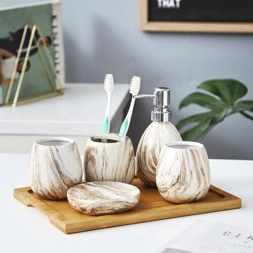 Ceramic Bathroom 6/piece Set Household Lotion Bottle Wash Cup Toothbrush Cup Soap Dish Wooden Tray Hotel Bathroom Decoration