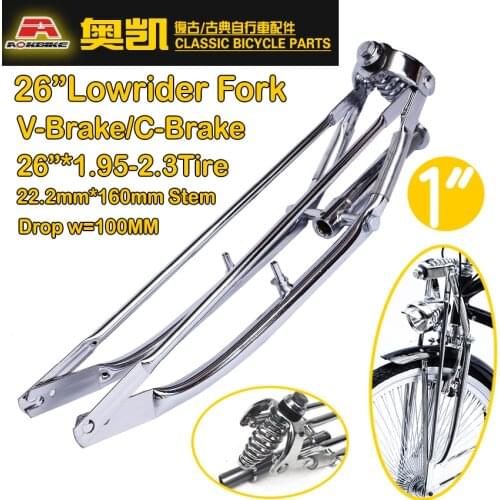 Classic Springer V Brake 26" Bike Fork Chrome Sliver Fork 1" Stem Fork Thread 160mm Beach Cruiser Bike Frame Suspension Fork