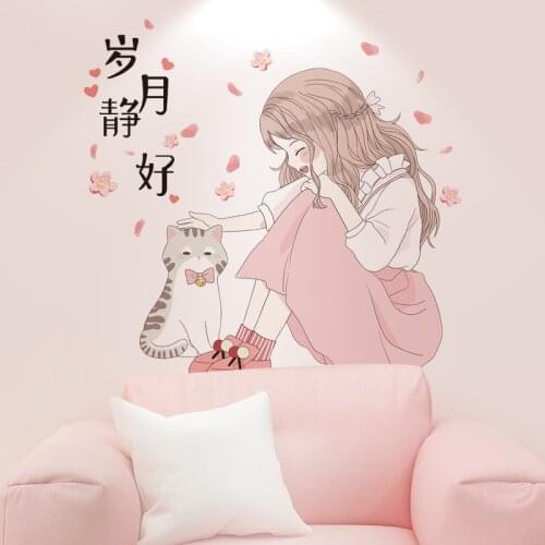 Cartoon Girl Wall Stickers DIY Cat Animal Wall Decals for Kids Bedroom Baby Room Nursery Home Decoration