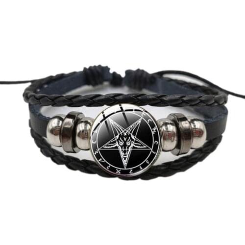 Hot Sale Red Goat Head Braided Bracelet MenS Vintage Bronze Five-Pointed Star Pattern Leather Bracelet Bracelet Satanism Gothic