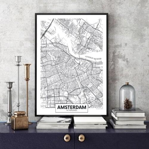 Netherlands Amsterdam Print Famous City Map Canvas Painting Wall Art Pictures Black White Posters Prints Living Room Home Decor