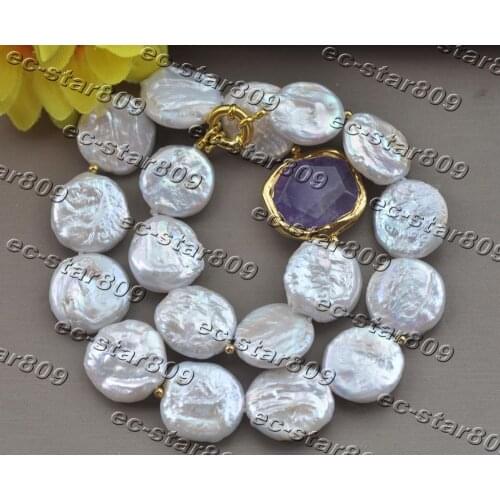 Z11389 18" 28mm White Coin Pearl Natural Gold-Plating Amethyst Necklace