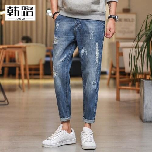 Casual mens Hole jeans Spring autumn mens blue Washed Denim pants male Straight type Simple Mid waist zipper ankle-length jeans