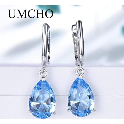 UMCHO Solid Silver 925 Jewelry Drop Created Nano Topaz Sky Blue Clip Earrings For Women Birthday Gifts Charms Fine Jewelry