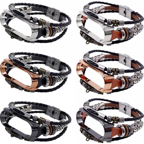 Replacement Strap For Xiaomi Mi Band 5 / 5 NFC Ethnic Leather Beading Bracelet Strap Fashion Vintage Weave Watchbands For Men